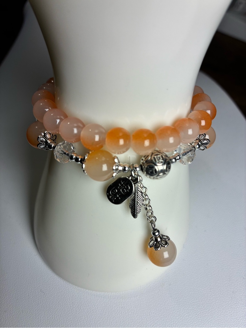 Orange Agate Beaded Charm Bracelet with Silver Accents - Women's Jewelry